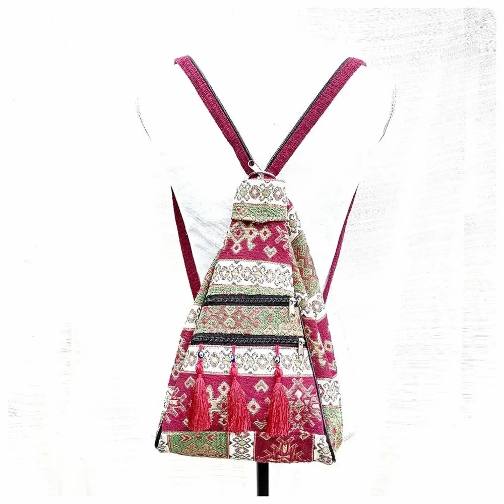 Bohemian Backpack Ethnic Turkish Red Green White Tapestry Shoulder Bag Tassels